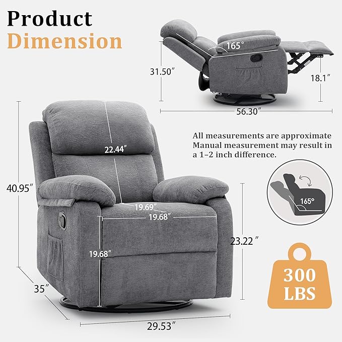 Recliner Chair 360 Swivel Rocker Chair for Adults Small Rocking Recliner Chair for Small Spaces Upholstered Chenille Fabric Glider Recliner Nursery Chair with Side Pockets for Living Room