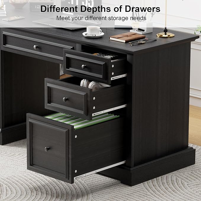 Vipbear 60 Farmhouse Executive Desk with Drawers and Cabinet Embossed Texture Wood Home Office Desk Rustic Computer Writing Desk Workspace for Work Study Writing Black