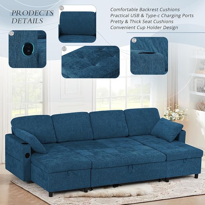 110 Sectional Pull Out Sofa Bed with Adjustable Backrests U-Shaped Sleeper Sofa with USB Ports Upholstered Reversible Couch with Cup Holder &amp Storage Space for Living Room House Blue