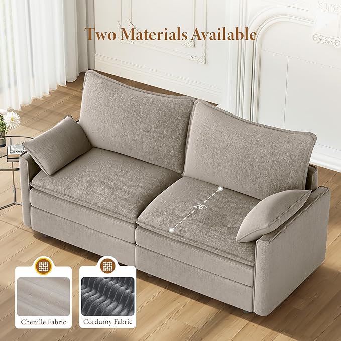Vesgantti 74 Loveseat Sofa for Living Room Comfy Cloud Couch Deep Seat Chenille Modern 2 Seater Small Sofa with Armrest Pillow Easy Assembly for Small Spaces Light Brown