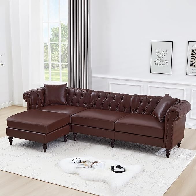 AVZEAR Chesterfield L Shaped Sofa Modular Sectional Leather Couch with Ottoman and Pillow Modern PU Deep Seat Sofa Living Room Furniture Sets for Living Room Apartment Dark Brown
