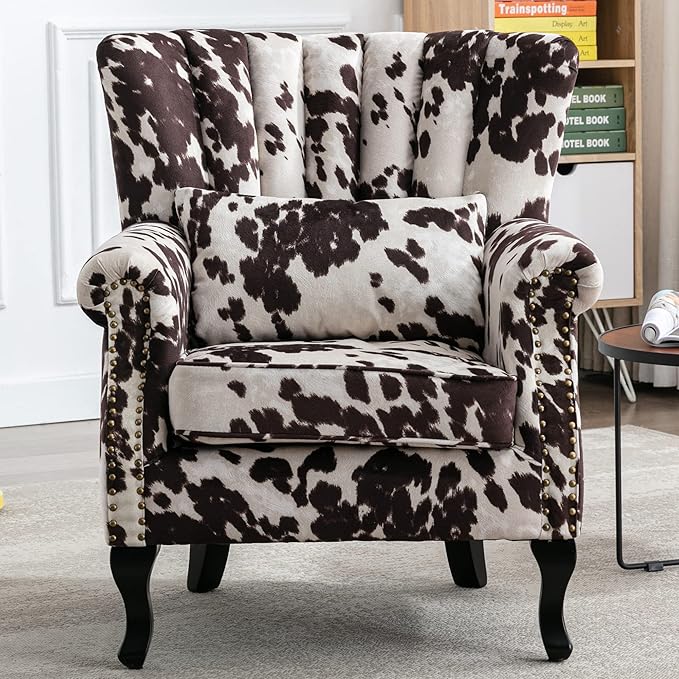 Mid Century Modern Accent Chair Upholstered Armchair Comfy Western Fabric Single Sofa with Lined Wingback for Small Spaces Bedroom Living Room Cow 30.1D x 30.5W x 35H in