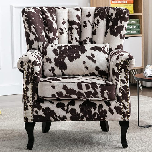Mid Century Modern Accent Chair Upholstered Armchair Comfy Western Fabric Single Sofa with Lined Wingback for Small Spaces Bedroom Living Room Cow 30.1D x 30.5W x 35H in