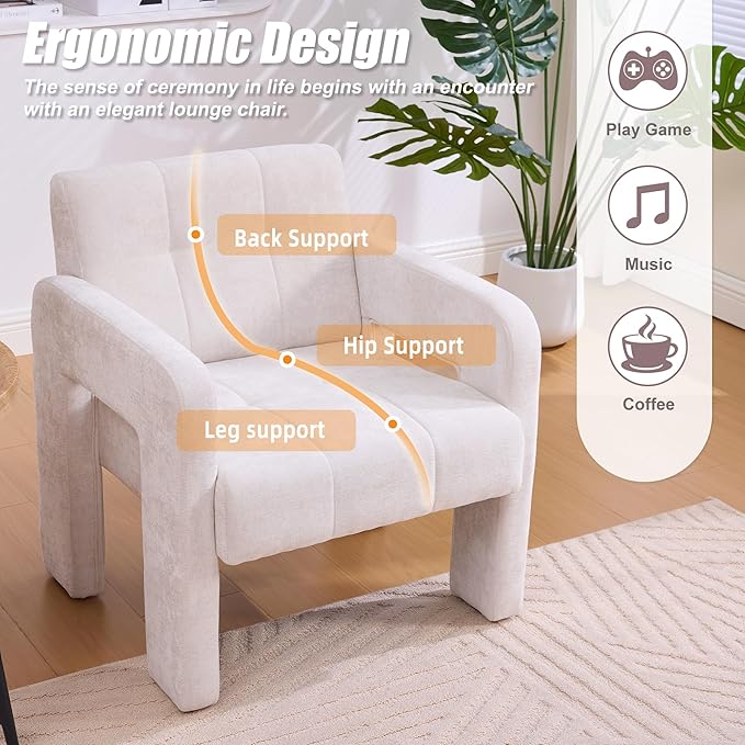 Classic Chenille Conversation ChairModern Minimalist ArmchairElegant Comfortable Accent Chair for Living RoomBedroomStudyOfficeBeige