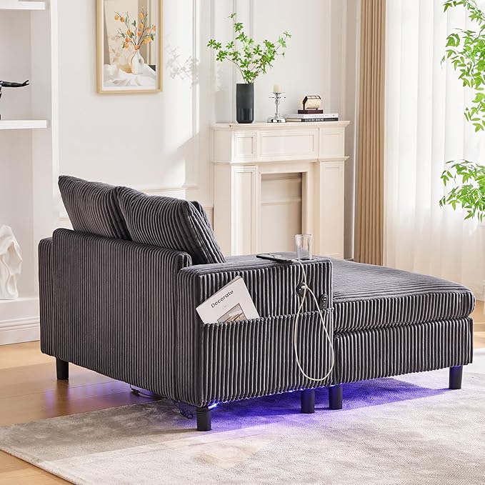 SLEERWAY Modern Corduroy Chaise Lounge Sofa Indoor - 55.9 Comfy Oversized Couch Bed with USB Ports Cup Holder Side Pocket Lights 3 Throw Pillows Lazy Recliner Chairs Living Room (Dark Gray)