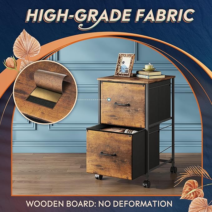 DEVAISE 2 Drawer Mobile File Cabinet Rolling Printer Stand Fabric Vertical Filing Cabinet fits A4 or Letter Size for Home Office Rustic Brown Wood Grain Print