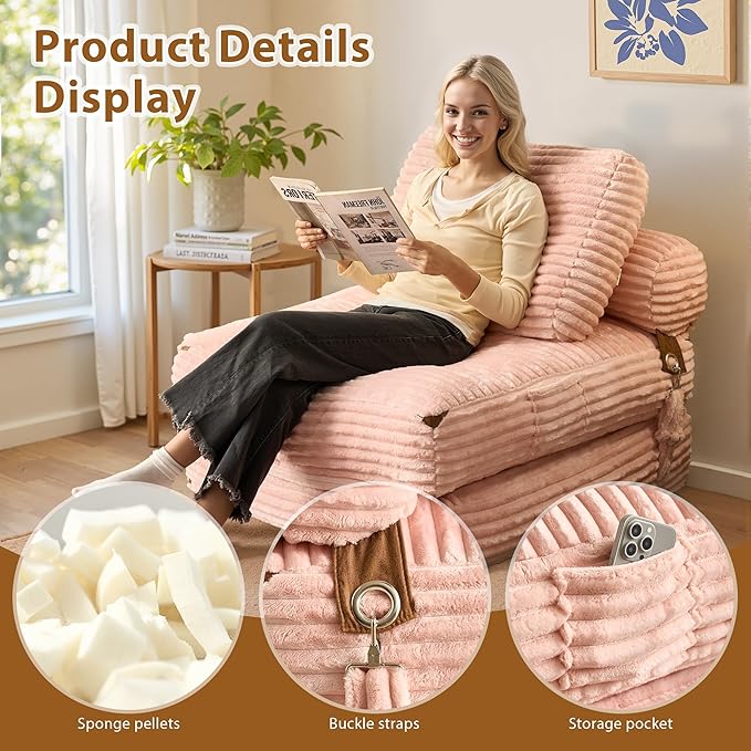 75'' Foldable Sofa Bed Convertible Sleeper Sofa with Pillow Boneless Corduroy Foldable Couch Bed Single Sleeper Chair for Small Spaces Living Room Bedroom StudioPink