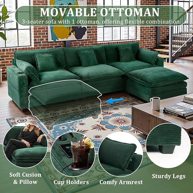 99 Modular Sectional SofaCouches for Living RoomModern Modular L-Shape Sofa with Ottoman &amp Side Pocket Cloud Sectional CouchCorduroy Oversized Sleeper Sofa with USB Port &amp Cup Holder (Gree