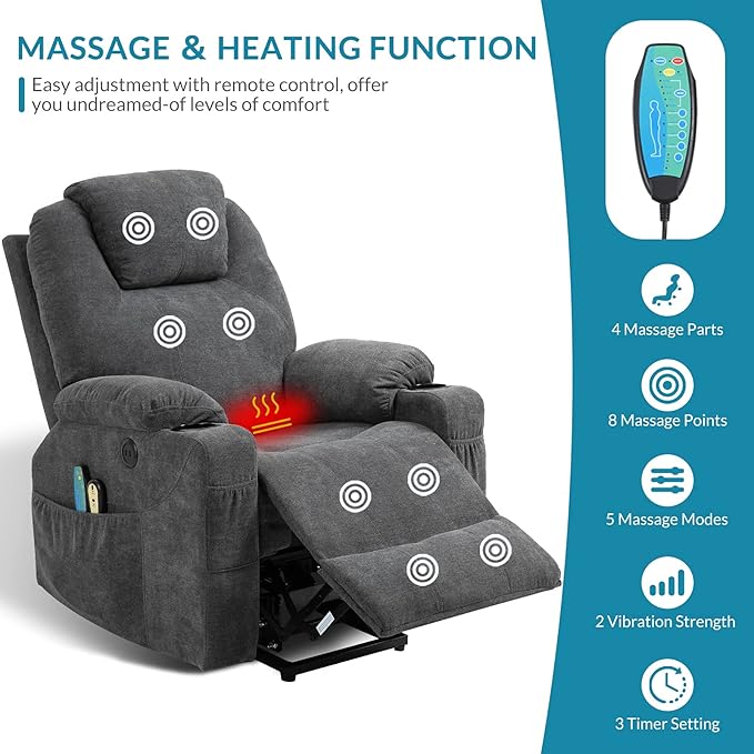 Power Lift Recliner Chair for Elderly Electric Massage Heated Recliner Chair Ergonomic Fabric Lift Chair with 2 Remote Controls USB Ports Cup Holders &amp Side Pockets for Living Room (Grey)