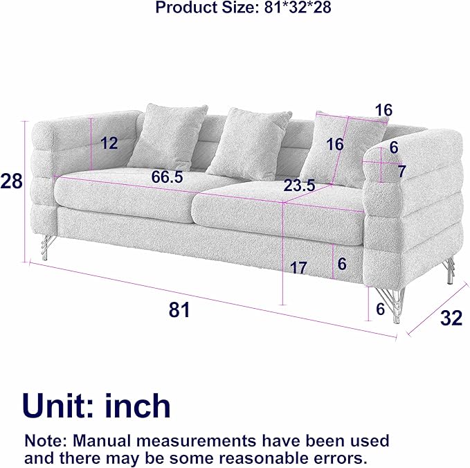 81 Sectional Sofa with 3 PillowsOversized Teddy Fabric Couch W/Polished Metal Legs and Streamline Designfor Living RoomBedroomApartmentWhite
