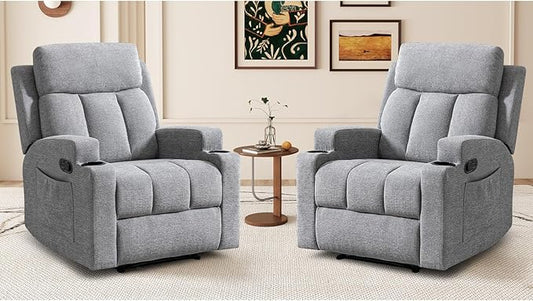 CANMOV Manual Massage Heat Recliner Chair Set of 2Soft Fabric Recliner Chair with Overstuffed Arm and Back Manual Reclining Single Sofa with 2 Cup Holders Side Pocket for Living RoomLight Grey