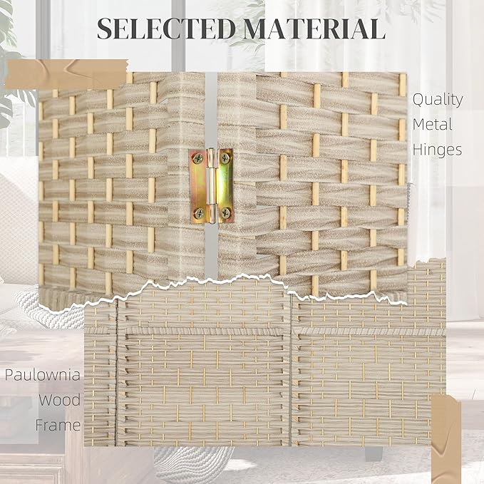 HOMCOM Room Divider 6 Ft 4 Panel Folding Privacy Screen Hand-Woven PP Wall Partition with Pine Wood Frame Freestanding Room Separator for Bedroom Home Office No Assembly Washed Oak