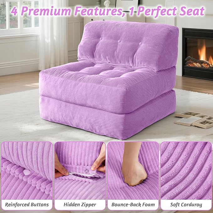 HABUTWAY Folding Sofa Bed Convertible Sleeper Chair Bed with Pillow &amp Handle Foldable Mattress with Back Support Portable Single Couch Comfy Floor Sofa Lounge for Living Room Bedroom(Light Pur
