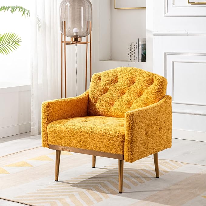 Modern Teddy Fabric Accent ChairUpholstered Button-Tufted Single SofaComfy Armchair Chair with Rose Golden Legsfor Living Room Bedroom Home Office (Mustard)