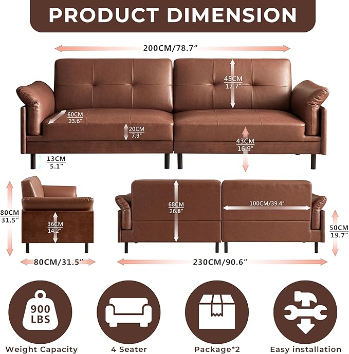 90 Inch Mid Century Modern Brown Leather Sofa Vintage Luxury 4-Seater Large Waxed Leather Sectional Couch with Solid Wood Exterior and Hand-Tufted for Living Room and Office
