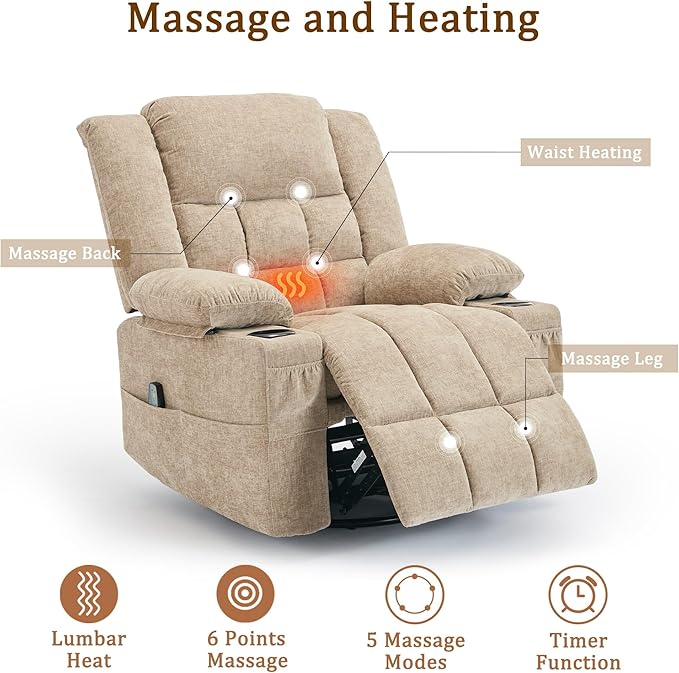 360° Rotating Adult Rocking Recliner Baby Room Glider with Massage and Heating Functions Rocking Chair with Cup Holder Manual Recliner for Living Room and Bedroom (Fabric Khaki)