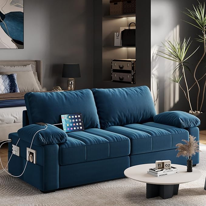 Yaheetech 79 Velvet Futon Sofa with Storage Pockets &amp USB Ports Removable Armrest Pillow &amp Cover Modern Comfy Loveseat Couch for Living Room Apartment Bedroom Blue
