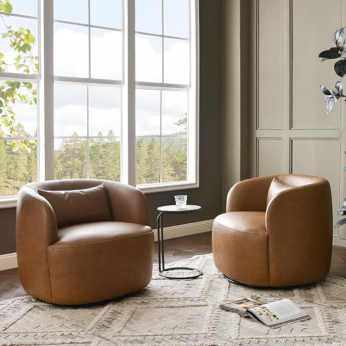 KINWELL Faux Leather Swivel Armchair Set of 2 No Assembly Upholstered PU Leather Swivel Accent Chairs with Toss Pillow for Living Room Office Lounge Camel