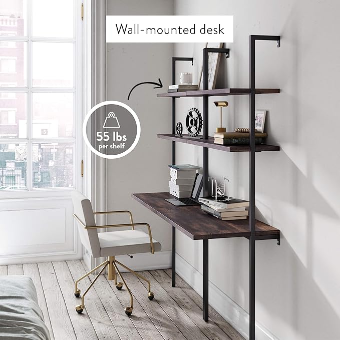Nathan James Theo 2-Shelf Industrial Wall Mount Ladder Table Small Computer or Writing Desk Nutmeg/Matte Black