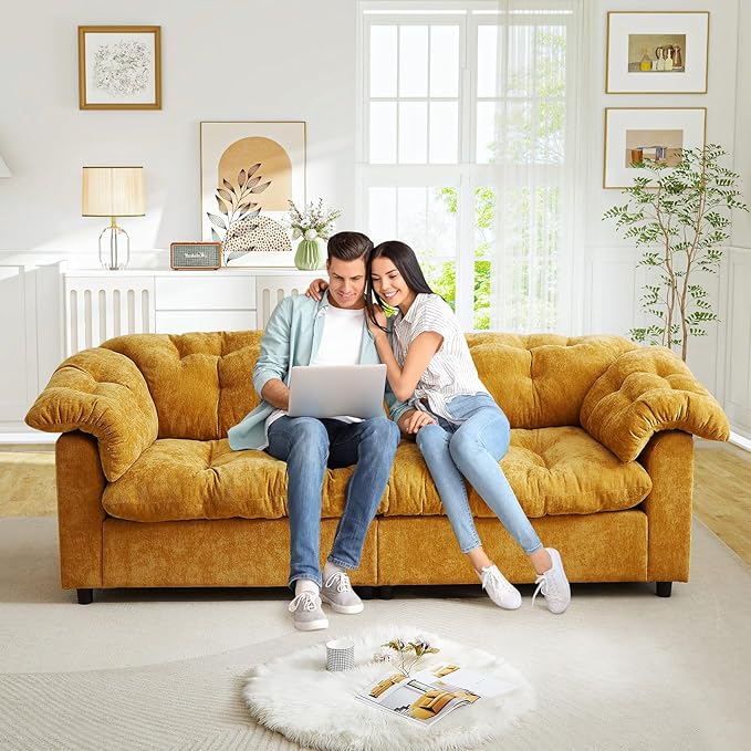 Modern Sofa Couch 94.8W Chenille Tufted Fluffy Comfy Cloud Couch with Tutfted Design &amp Armrest Pillow Upholstered Oversized Loveseat Sofa for Living Room Bedroom Office Apartment Yellow