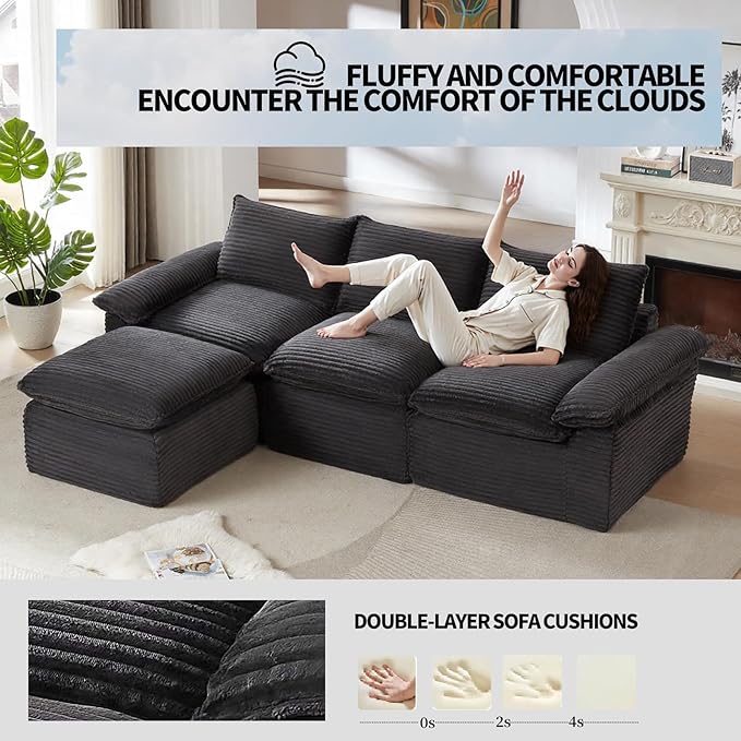 Modular Cloud Couch - Boneless L Shaped Sectional with Ottoman 3 Seater Corduroy Couch for Living Room Soft Plush in a Box (Gray L Shaped-3 Seater+1 Ottomans)