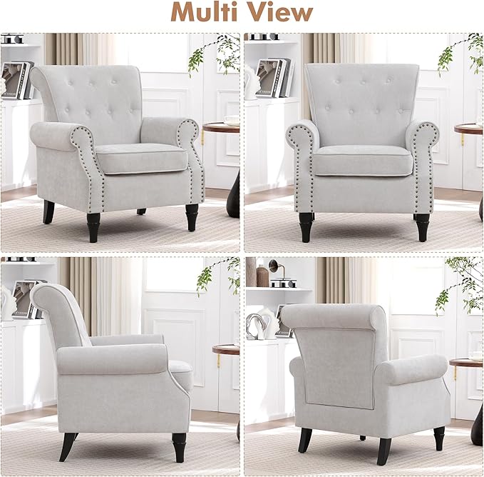 Wingback Accent Chairs Set of 2 for Living Room Comfy Upholstered Armchair with Removable Cushion Reading Chair with Nailhead Trim and Wood Legs Single Chair for Living (Light Grey)