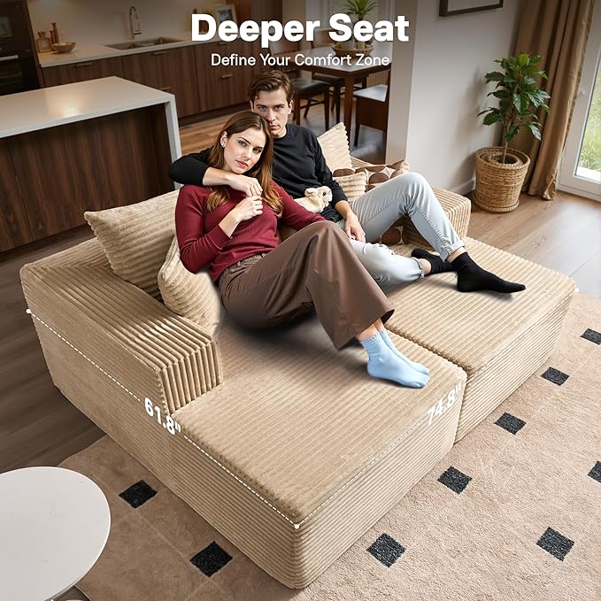 75 Boneless Chaise Lounge Chair Indoor Moudular Sectional Double Couch with Deep Seat No Assembly Required Modern Comfy Sleep Sofa Bed for Movie Reading Yoga for Living Room Beige