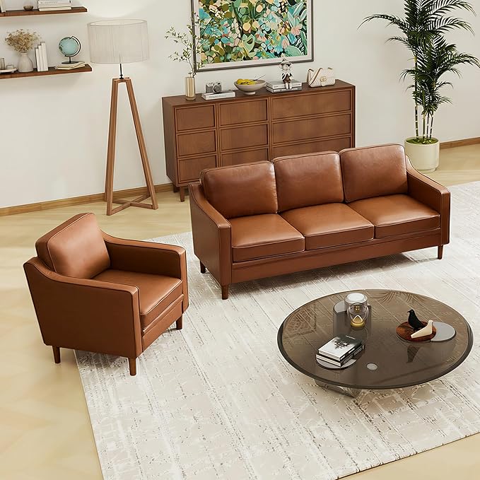 Kingfun Living Room Furniture Sets 3 Seater Couch and Loveseat Mid Century Modern Sofa Set Faux Leather Couch with Solid Wood Frame for Living Room &amp Bedroom Dark Brown