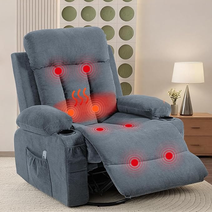 360° Swivel Rocking Chair Rocker Recliner Chair with Vibration Massage and Heat Ergonomic Lounge Chairs with Rocking Function and Side Pocket Cup Holders Blue