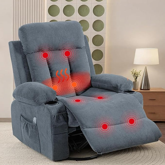 360° Swivel Rocking Chair Rocker Recliner Chair with Vibration Massage and Heat Ergonomic Lounge Chairs with Rocking Function and Side Pocket Cup Holders Blue