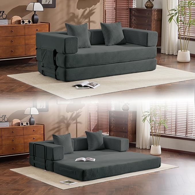 Convertible Sleep Sofa Bed with Armrests and Backrest Corduroy Folding Couch with 2 Pillow Modular Sectional for Living Room Bedroom Studio-No Assembly NeededGrey