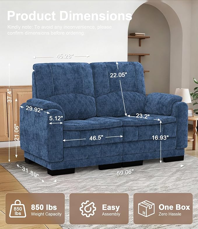 Boneless Loveseat Sofa High-Density Cloud-Like Double Cushion Floor Sofa Couch Chenille Small Boneless Couch for Living Room 850 lb Support Raised Backrest Ergonomic Easy Assembly Blue