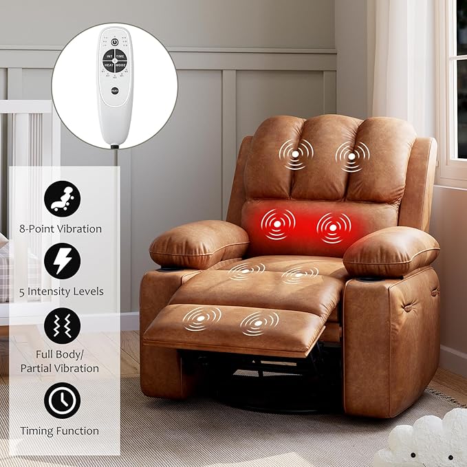 22 in Leather Recliner Chair for Adults Overstuffed Manual Recliner Single Sofa with Cup Holder &amp Side Pockets 400 LBS Capacity Upholstered Chair for Living Rooms Brown