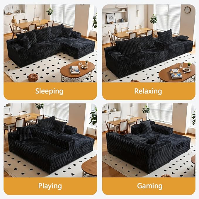 104” Boneless Couches for Living Room Modular Cloud Sectional Sofa with Chaise Deep Seat Upholstered No Assembly Required(Black L Shape with Right FacingChaise)