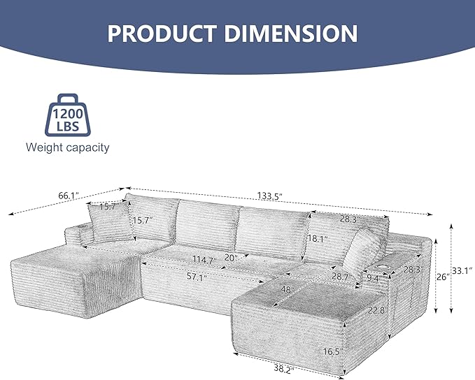 GNIXUU 133.5 Corduroy Boneless Sectional Couches for Living Room Oversized Memory Foam U Shaped Cloud Modular Sectional Sofa with Deep Seat Cup Holders &amp Storage Pocket No Assembly Required Gr