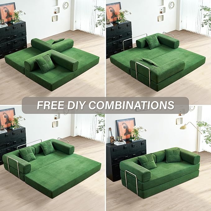 YINIX Foldable Sofa Bed 78'' Folding Floor Couch Compressed Convertable Sleeper Sofa Memory Foam Couch with Pillow Back Support Armrest 4-in-1 Futon Sofa Bed for Living Room Green