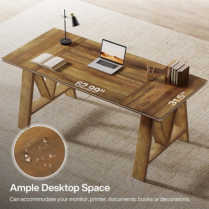 Tribesigns 63 Executive Desk Farmhouse Wooden Office Computer Desk Large Workstation Writing Table with Sturdy Legs for Home Office Brown