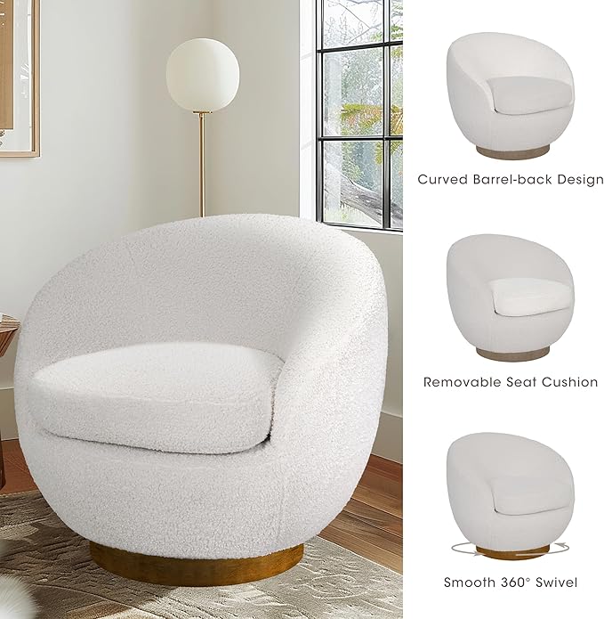 Ink+Ivy Jessel Swivel Accent Chair – Barrel Back Design Sherpa Upholstery 360-Degree Wood Base Modern Lounge Seating for Living Room or Bedroom 32 W Cream