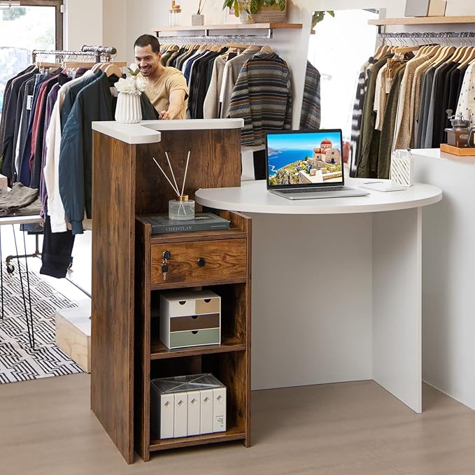 Reception Desk Front Desk Reception Counter with Oval Desktop Open Shelf &amp Lockable Drawer Small Retail Checkout Counter Table Wood Computer Workstation for Home Office Lobby &amp Salon