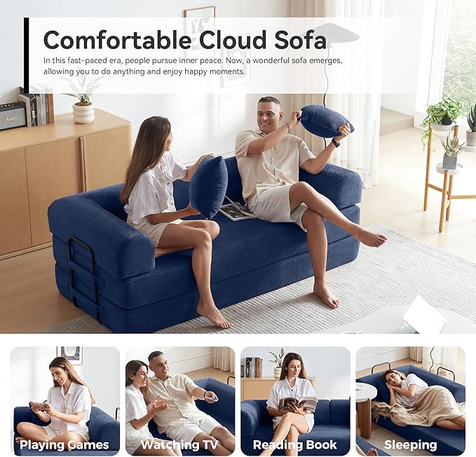 Convertible Sofa Bed with Corduroy PillowComfy Floor Sofa Bed Compressed Sofa in Box Convertible Sofa Bed for Living Room Bedroom Lounge Studio Comfy High Density Foam Mattress(Navy Blue)