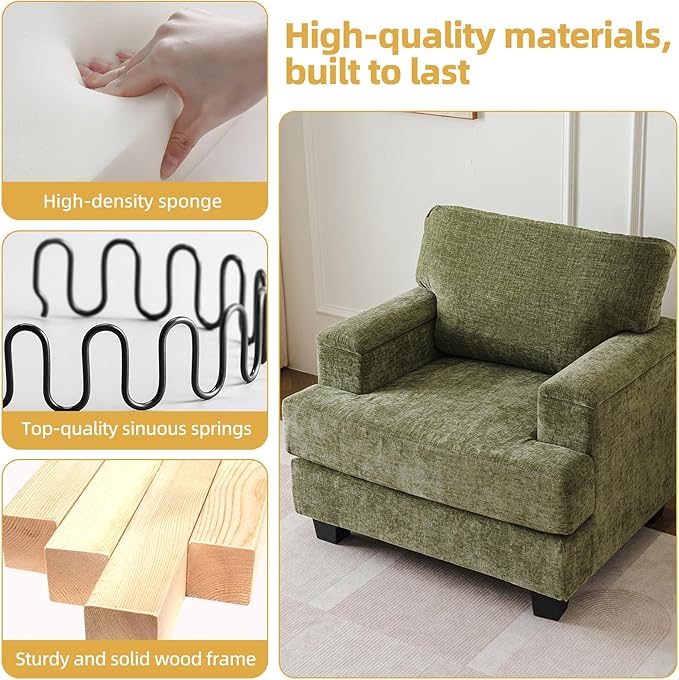 Oversized Accent Chair with Armrest OrganizerComfy Living Room Chairs with Thick CushionUpholstered Modern ArmchairBig Reading ChairSofa Chair for BedroomGreen