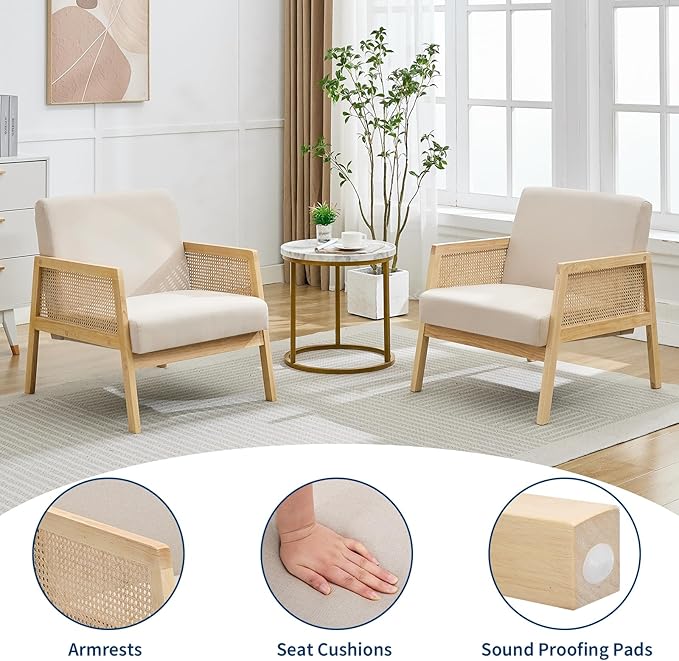 Mid Century Modern Accent Chair Comfy Living Room Chairs with Sturdy Wood Legs Rattan Backrest &amp Beige Thick Linen Cushion Armchair for Bedroom Balcony Apartment (Beige-A) 2 PCS