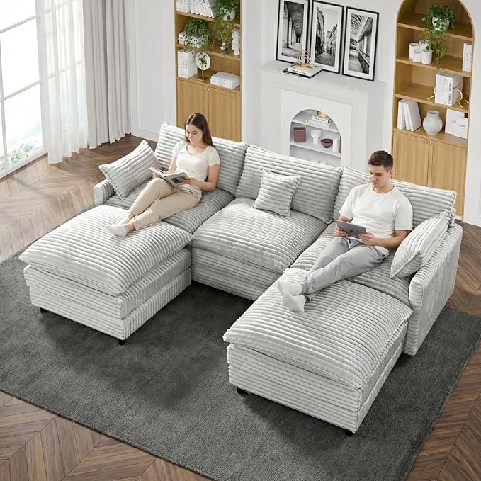 108 Cloud Couch U-Shaped Modular Corduroy Couch with 2 Ottomans &amp 5 Lumbar Pillows Modern Sectional Sofa with 5-Seater Deep SeatComfy Oversized Couch for Living RoomApartmentBedroomGrey
