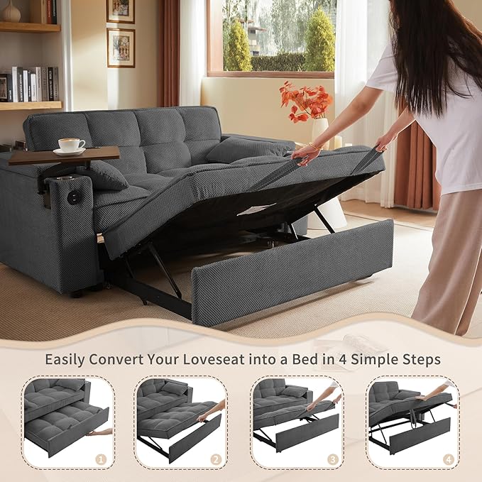 65'' 3-in-1 Folding Convertible Sofa Bed Queen Size Pullout Sofa Modern Chenille Fabric 360° Swivel Side Table Easy Assembly Perfect for Living Room