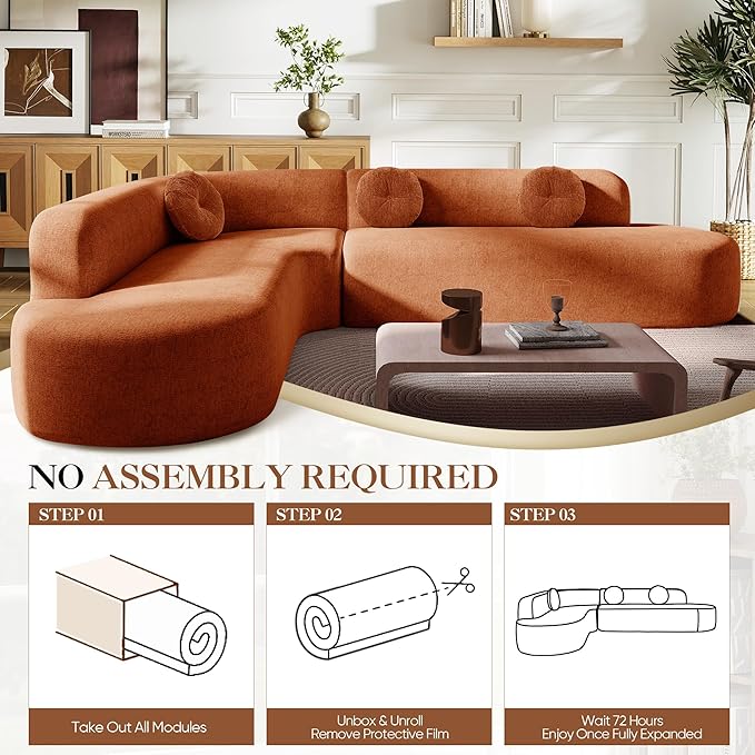 Deep Seat Curved Sectional Sofa - Cloud Round Couch with Elegant Curved Design &amp 3 Round Cushions L-Shaped Comfy 4 Seater Floor Sofa No Assembly Required (Orange)