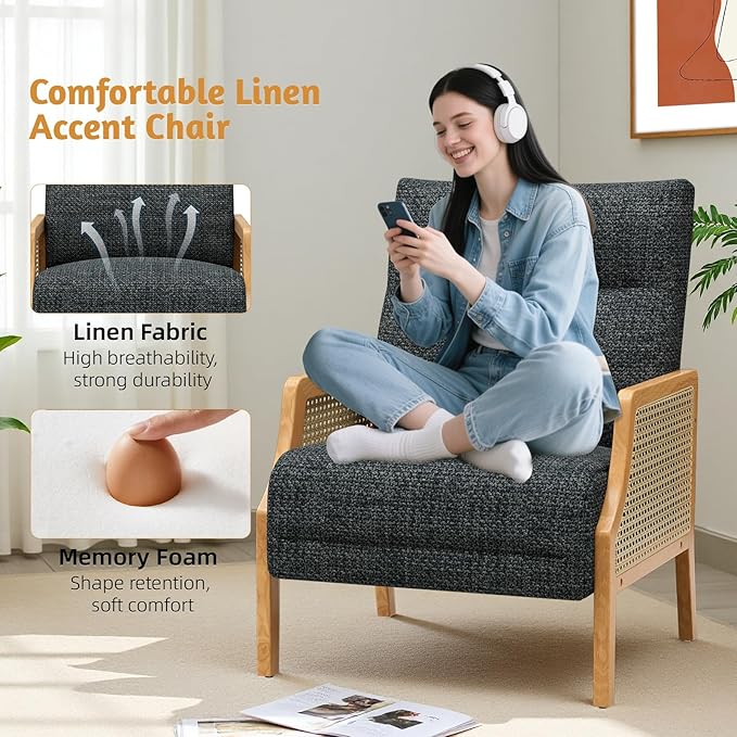 Accent Chair Set of 2 with Rattan Armrest Armchair with Breathable Linen Fabric Upholstered Arm Chair for Living Room Bedroom Dark Gray