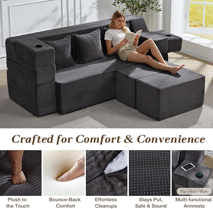 HOMREST 78.7 Sleeper Ottoman Sofa Bed for Small Space Full-Length Folding Memory Foam Couch in a Box with 2 Ottomans &amp Flip-Up Armrest 3-in-1 Convertible Futon No Assembly Dark Grey