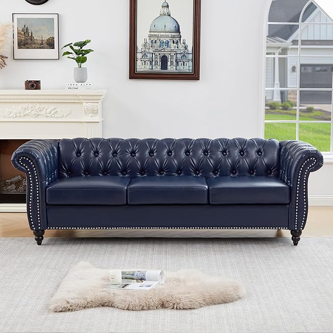 ORRD Chesterfield Sofa Leather Modern Faux PU Tufted Couch 3 Seater with Rolled Arms and Nailhead for Living Room Bedroom Office Apartment (Blue)