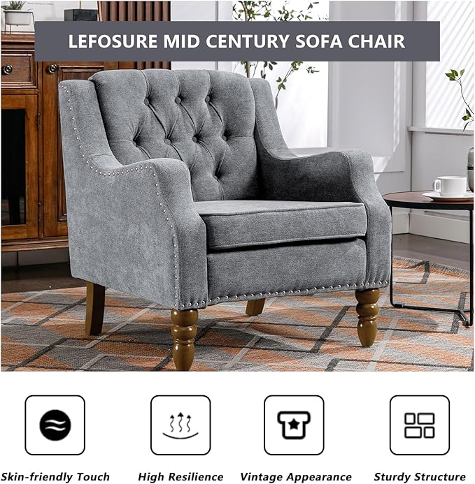 Linen Accent ChairsUpholstered Button Tufted Living Room ChairMid Century Armchair Sofa ChairsComfy Reading Chair for BedroomLiving RoomStudy (Grey 1)