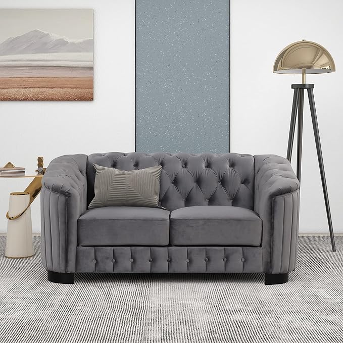64.3 Velvet Upholstered Loveseat SofaModern Loveseat Sofa with Thick Removable Seat Cushion for Living RoomBedroomor Small SpaceGrey